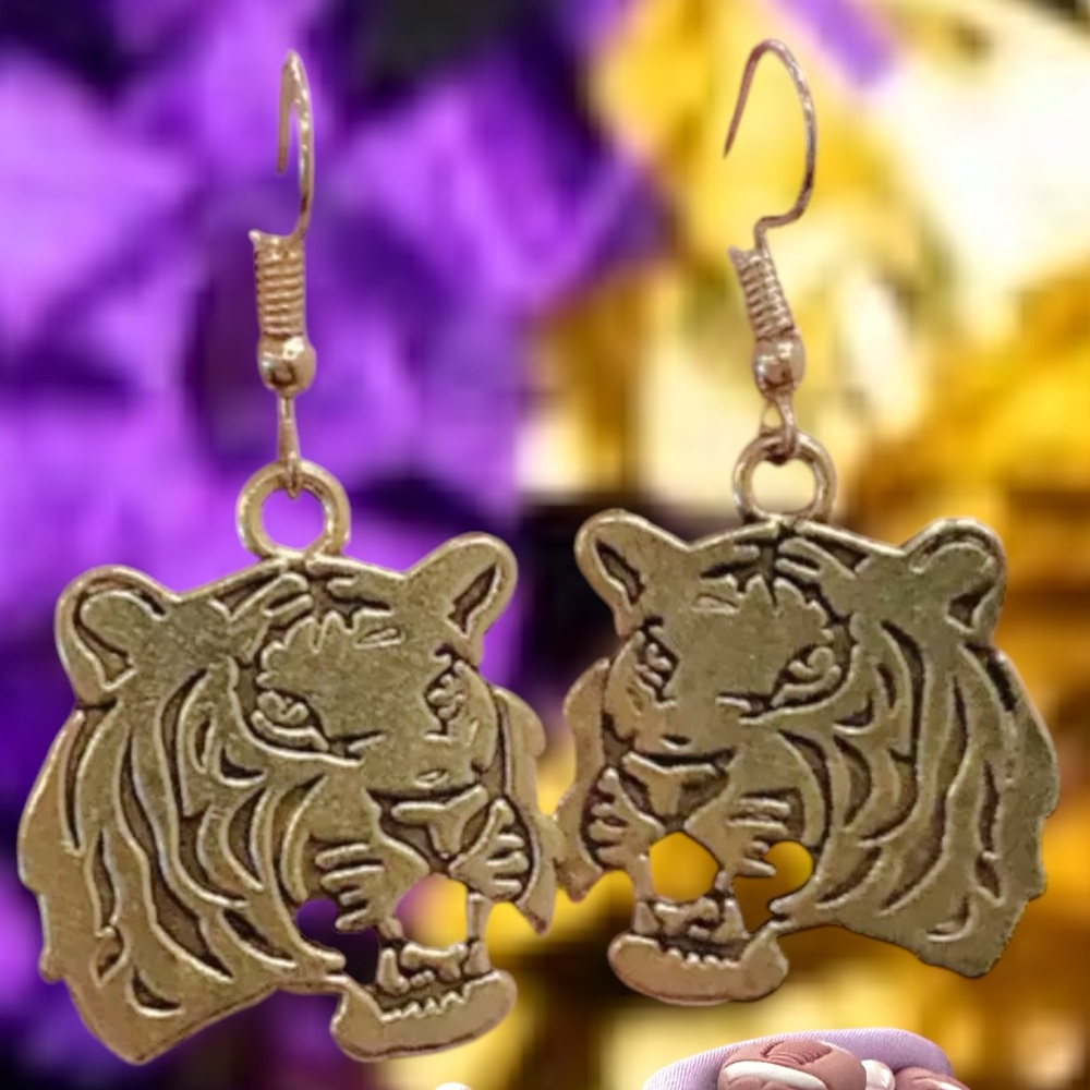 LSU Tigers pierced earrings hook dangling 1” brushed brass double sided new